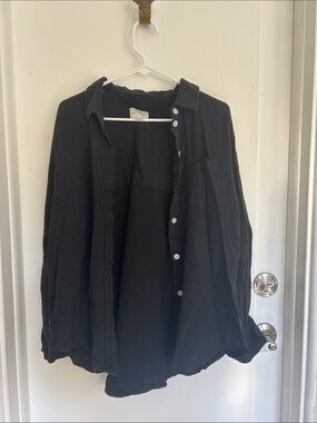 Oversized American Eagle Black Button-Up Shirt with Chest Pocket Cotton Blend